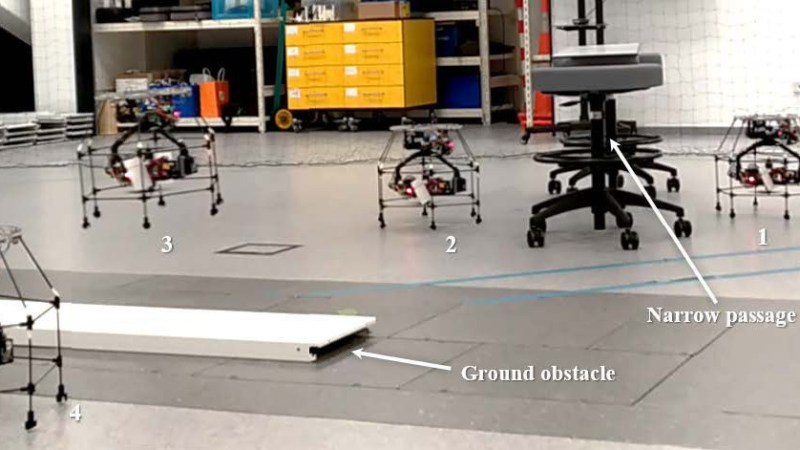 Omnirotor flies over obstacles with its gimballed, caged, coaxial rotors.